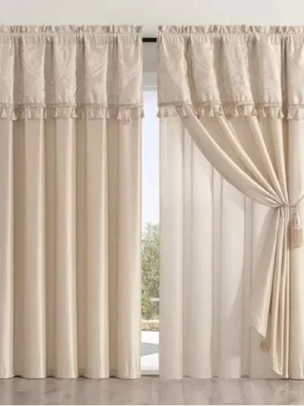 Elegant Cream Layered Window Curtain Set with Valance